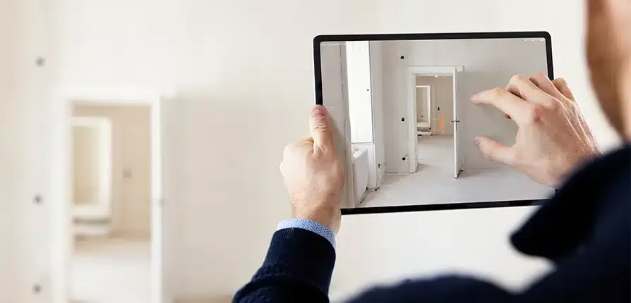 Person verwendet docu tools auf einem Tablet zur digitalen Dokumentation eines Rohbaus.
